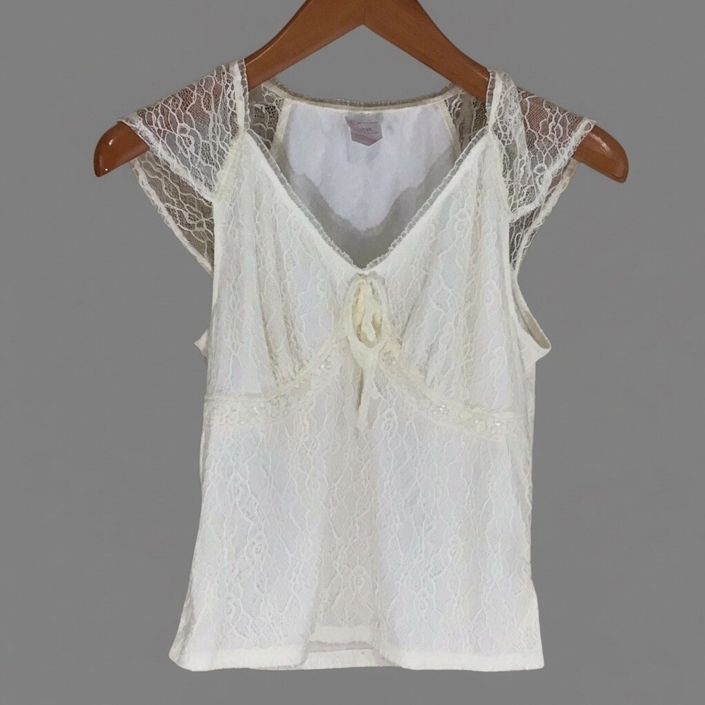 No Boundaries‎ Y2K Cream Lace Cap Sleeve V Neck Top Junior's L 11-13